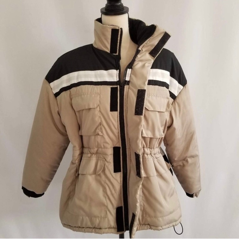 PrettyLittleThing Beige Tan and Black Ski Snow Jacket with White Stripe
